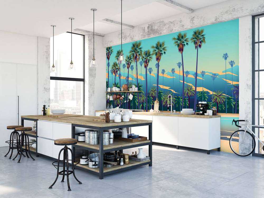 Drawn lake with palm trees
