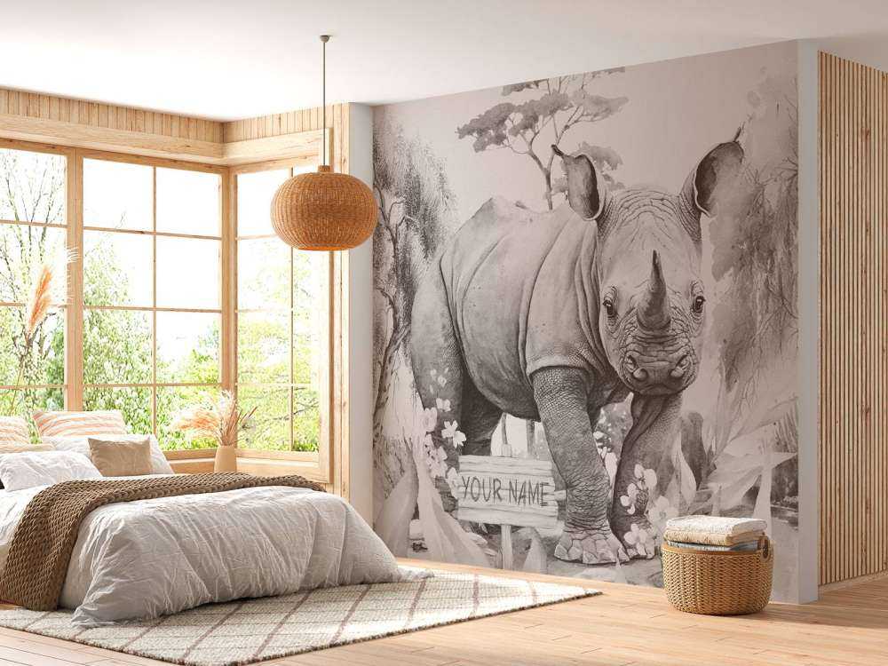 Baby rhino on the savannah beige