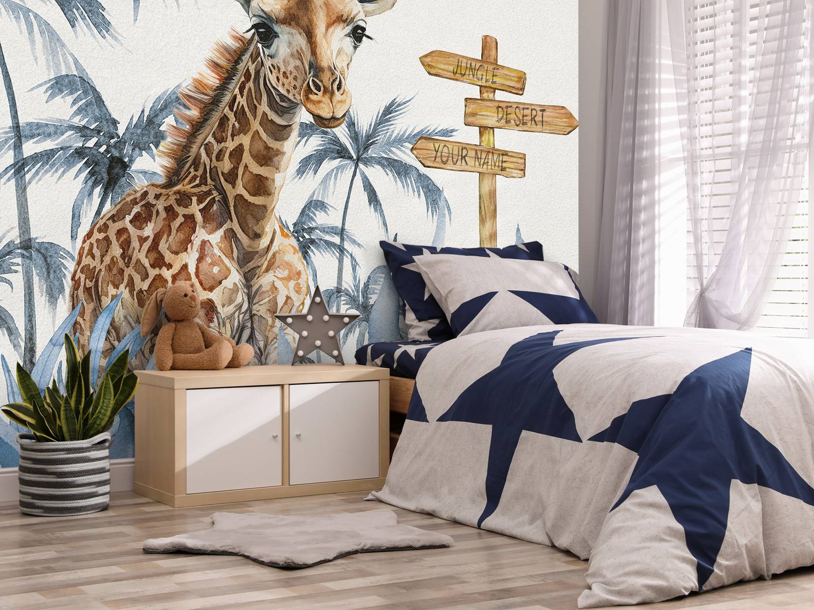 Baby giraffe in the jungle blue
