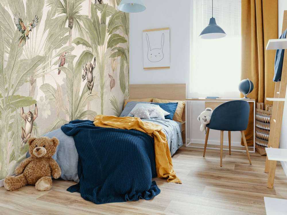 Jungle with monkeys and parrots