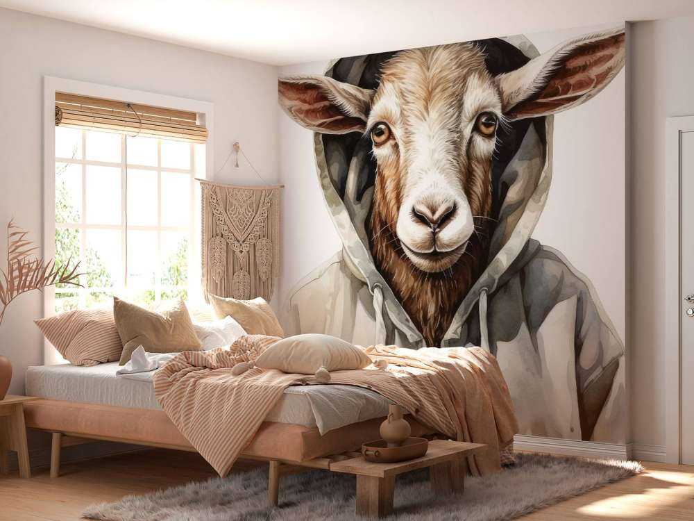 Watercolor Cartoon Goat in a Hoodie