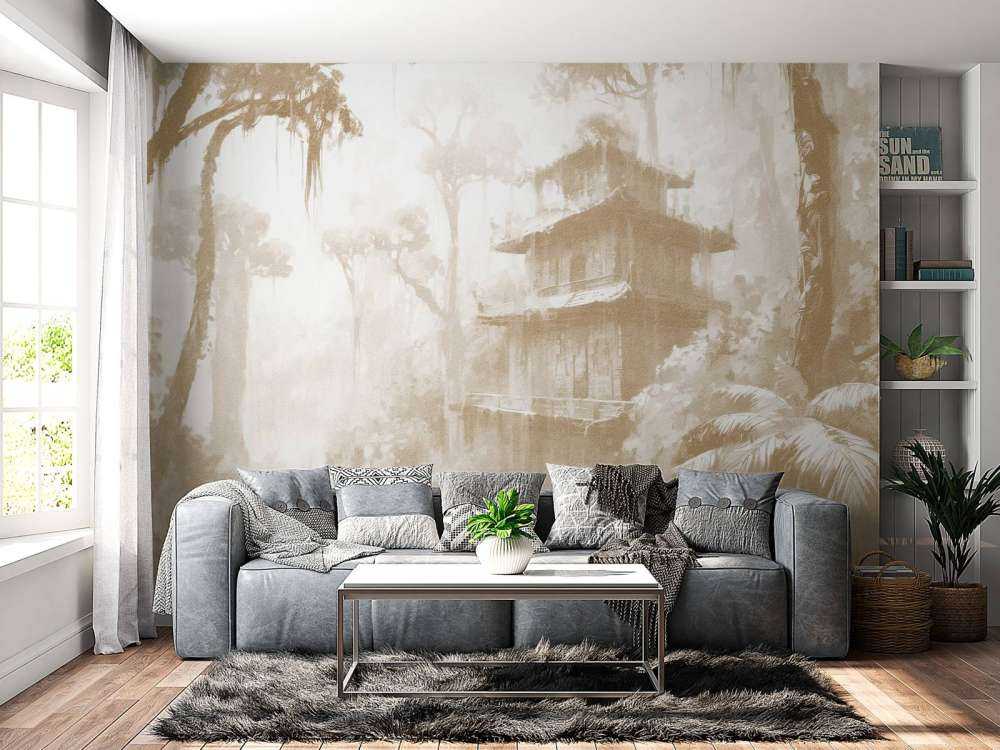 Hidden Hut in Misty Forest, taupe