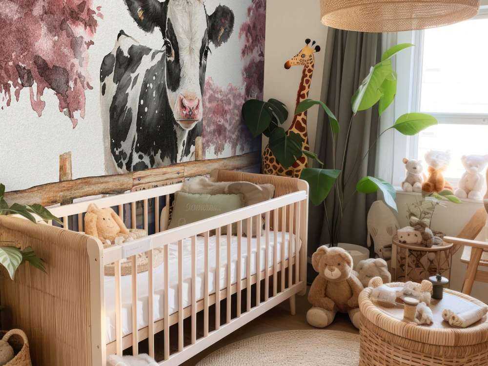 Young cow in a meadow pink