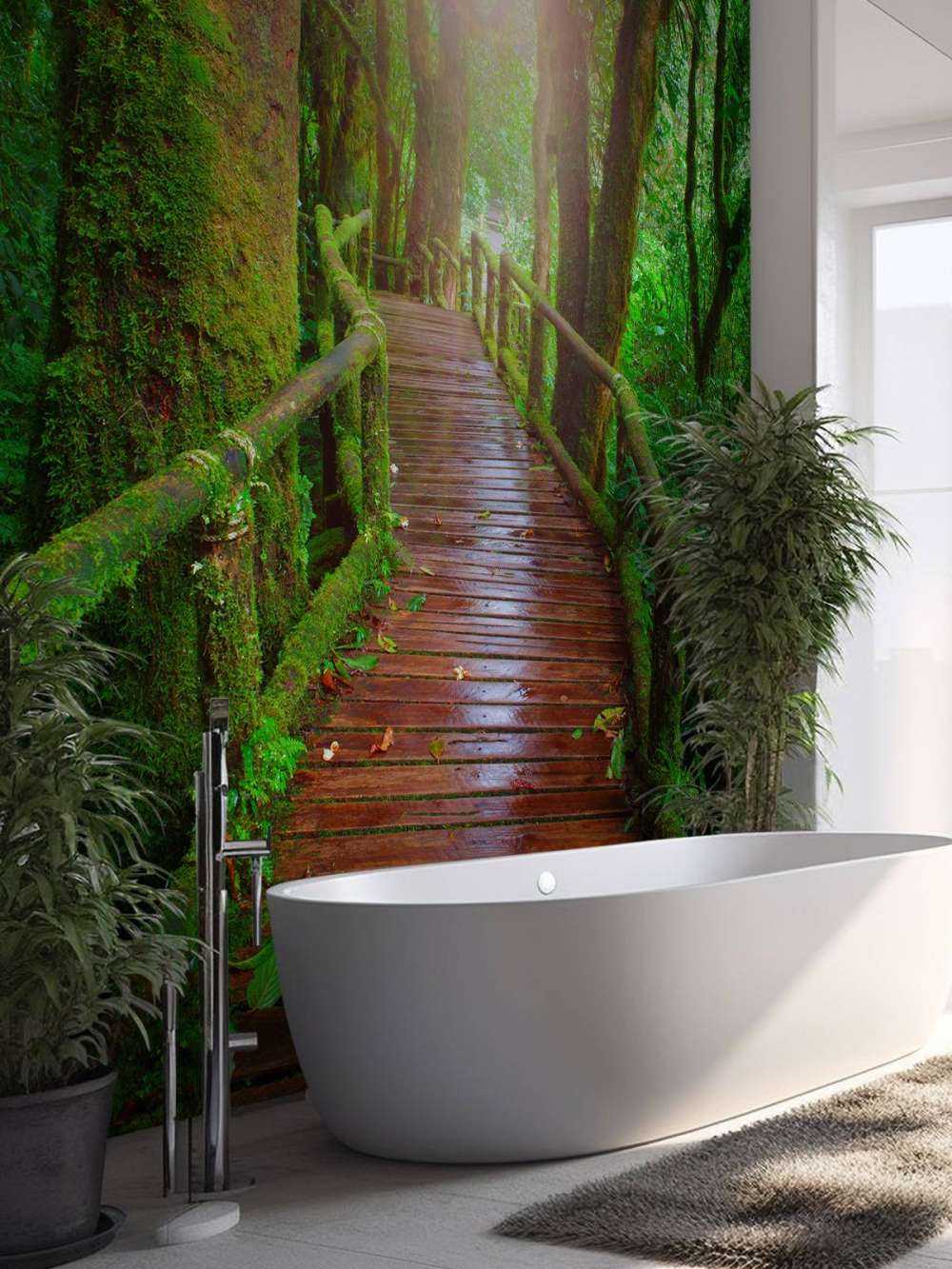 Behang met een houten brug