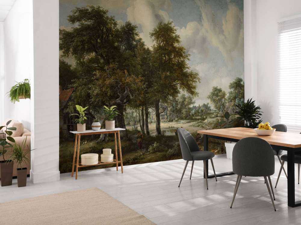 Forest landscape with farmhouses