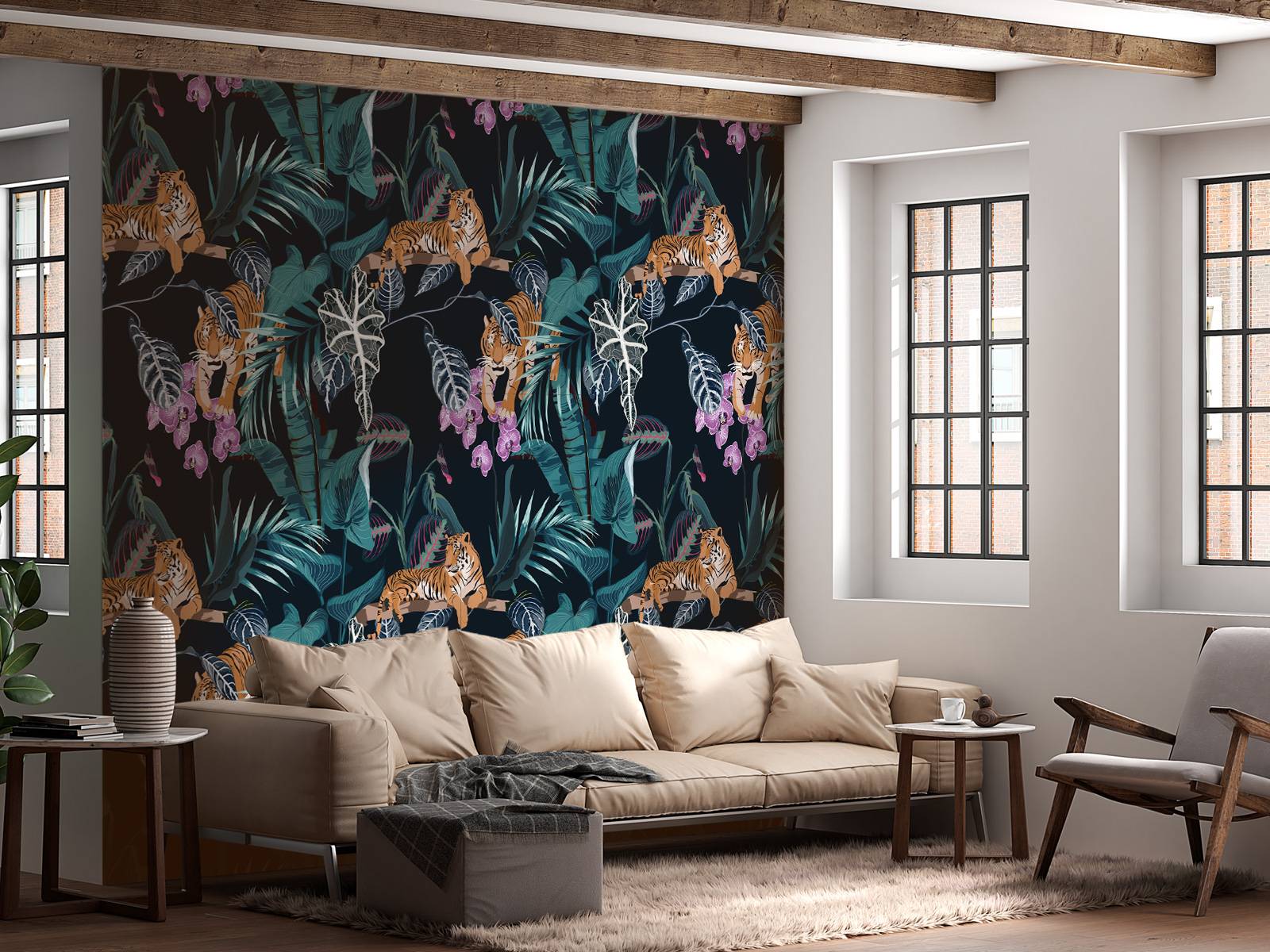 Tigers, leaves and flowers
