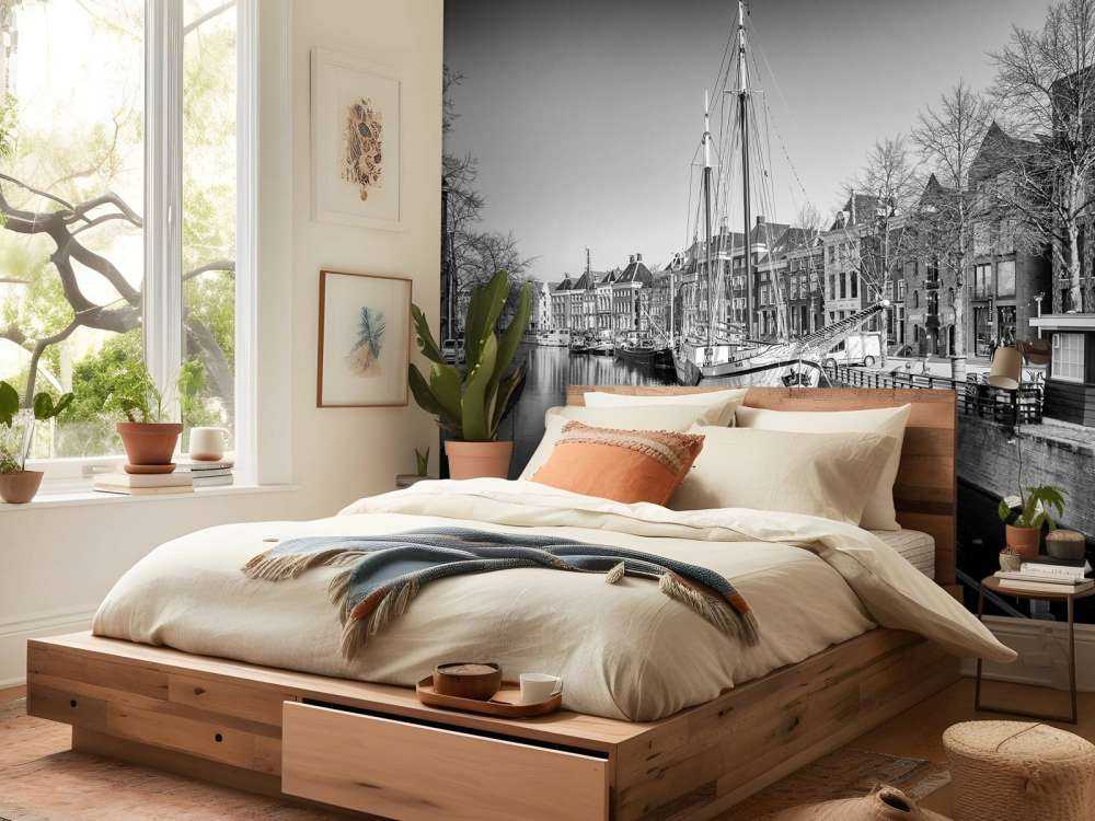 Historical ship located in the river A in Groningen In black and white 