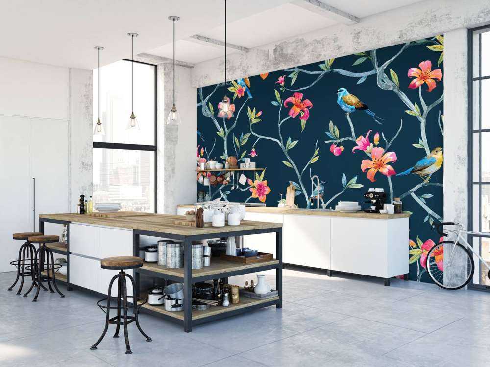 Tropical flowers and birds