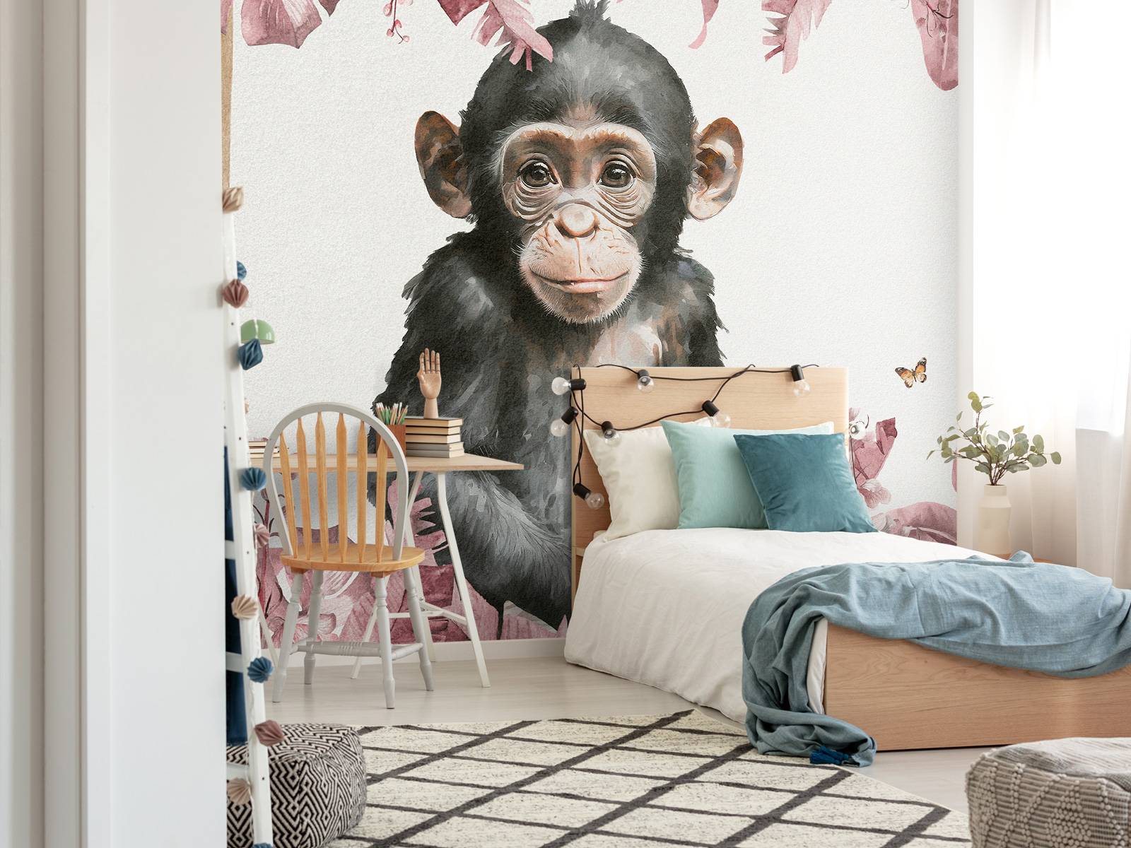 Baby chimpanzee in the jungle pink