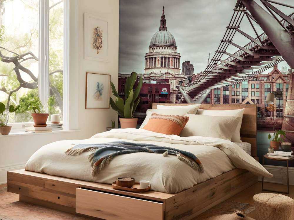 View of St Paul's Cathedral and Millennium Bridge from river thames, London, UK