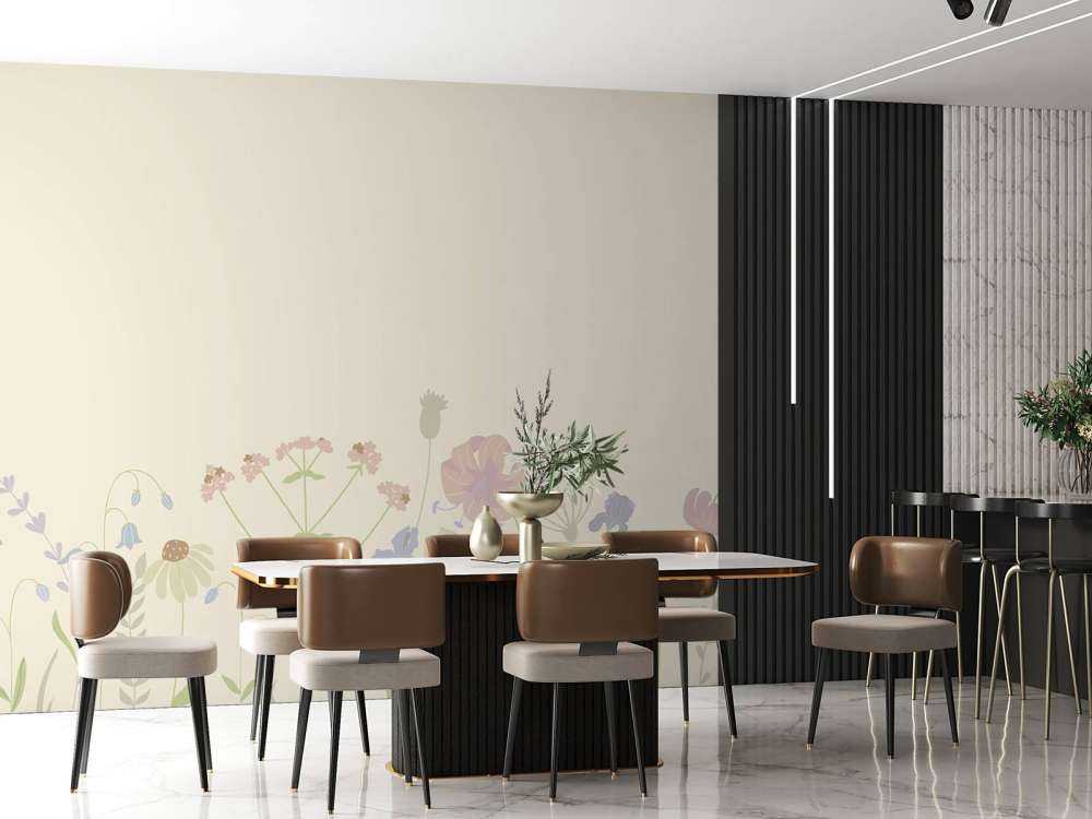 Field of flowers beige, old pink, green and lilac