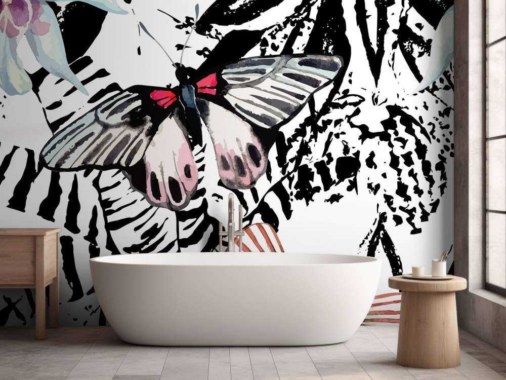 Aquarel van exotische vlinders en bloemen