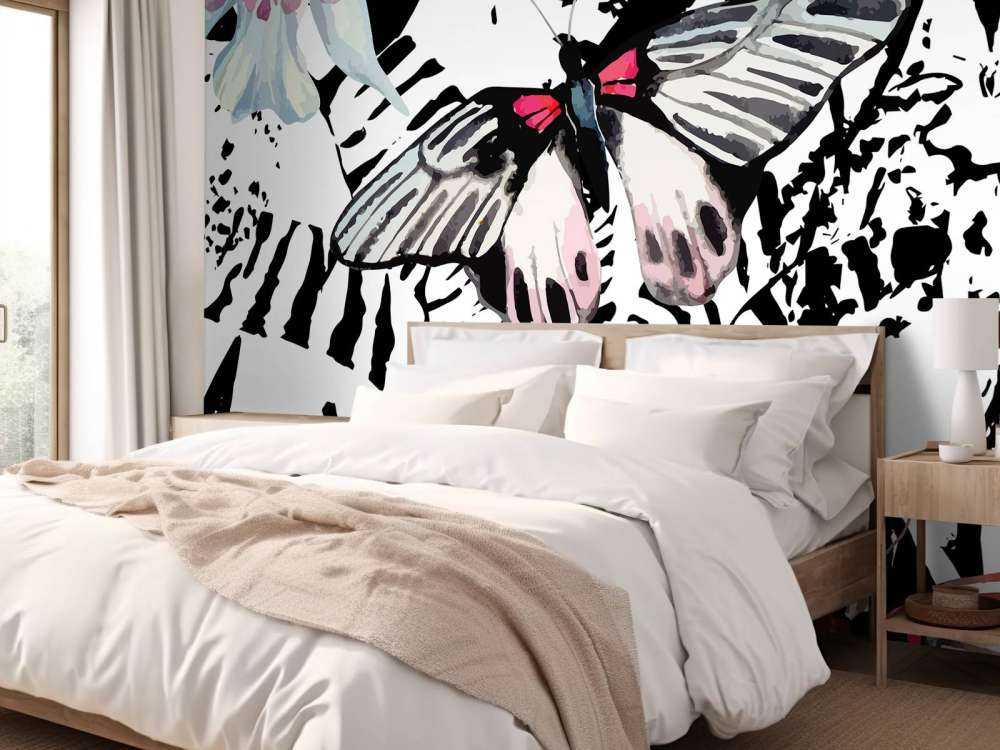 Aquarel van exotische vlinders en bloemen