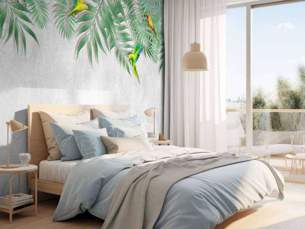 Tropical leaves and parakeets