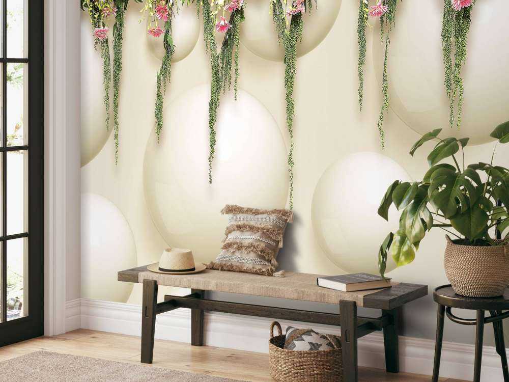 Hanging pink flowers on 3D wall