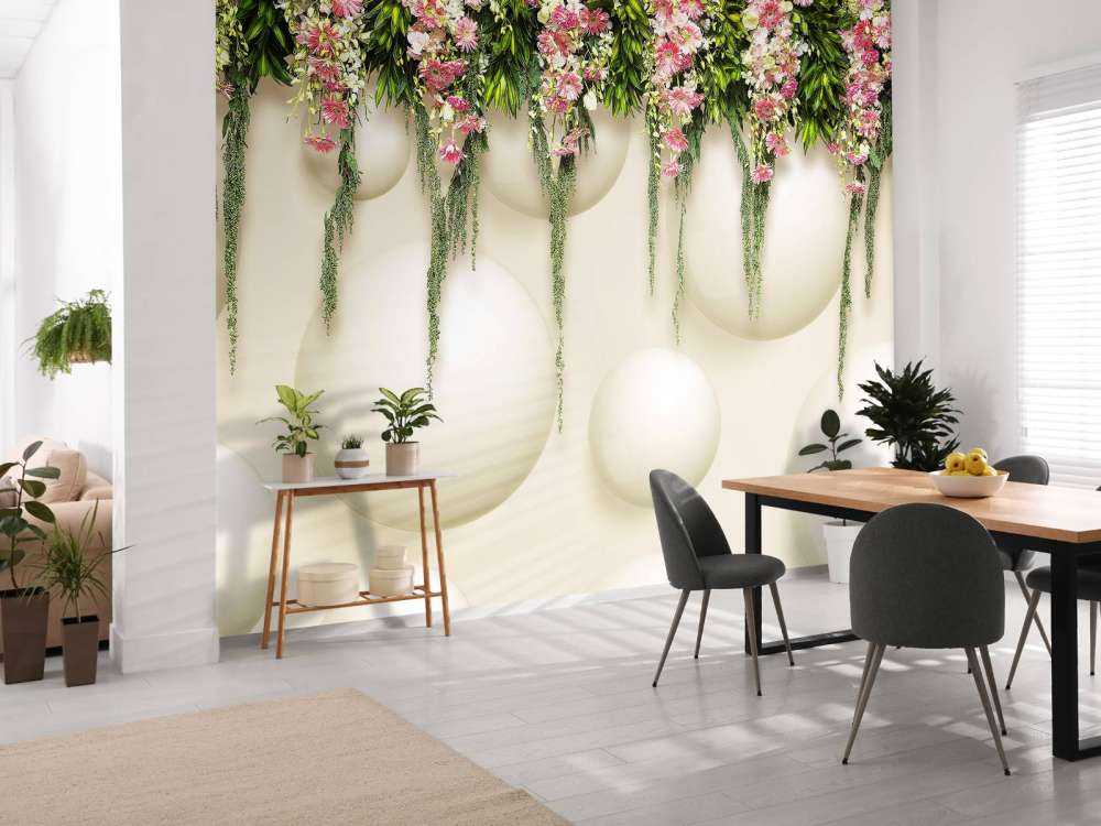 Hanging pink flowers on 3D wall