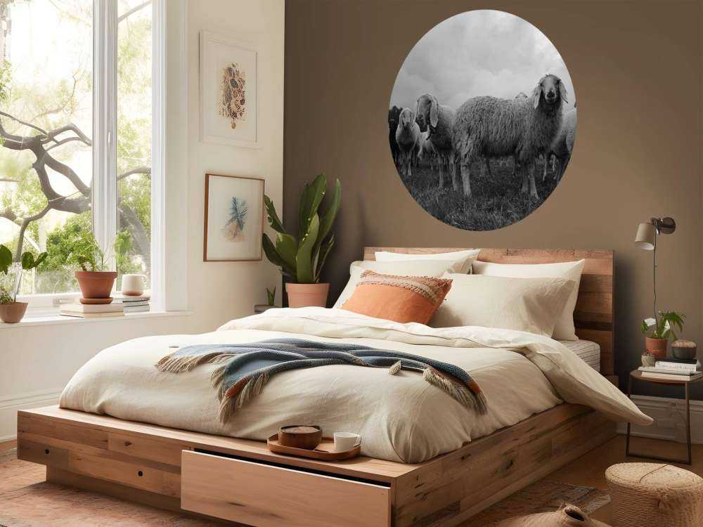 Flock of sheep in black and white