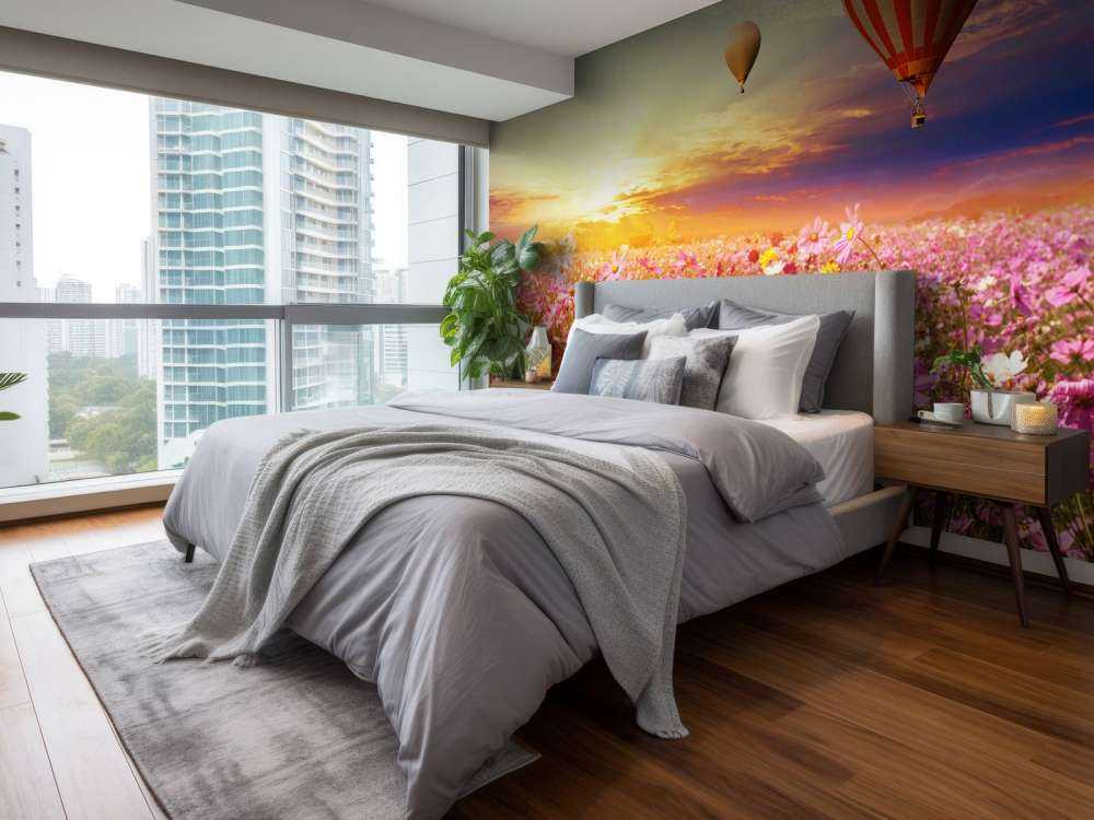 Luchtballonnen boven een bloemenveld