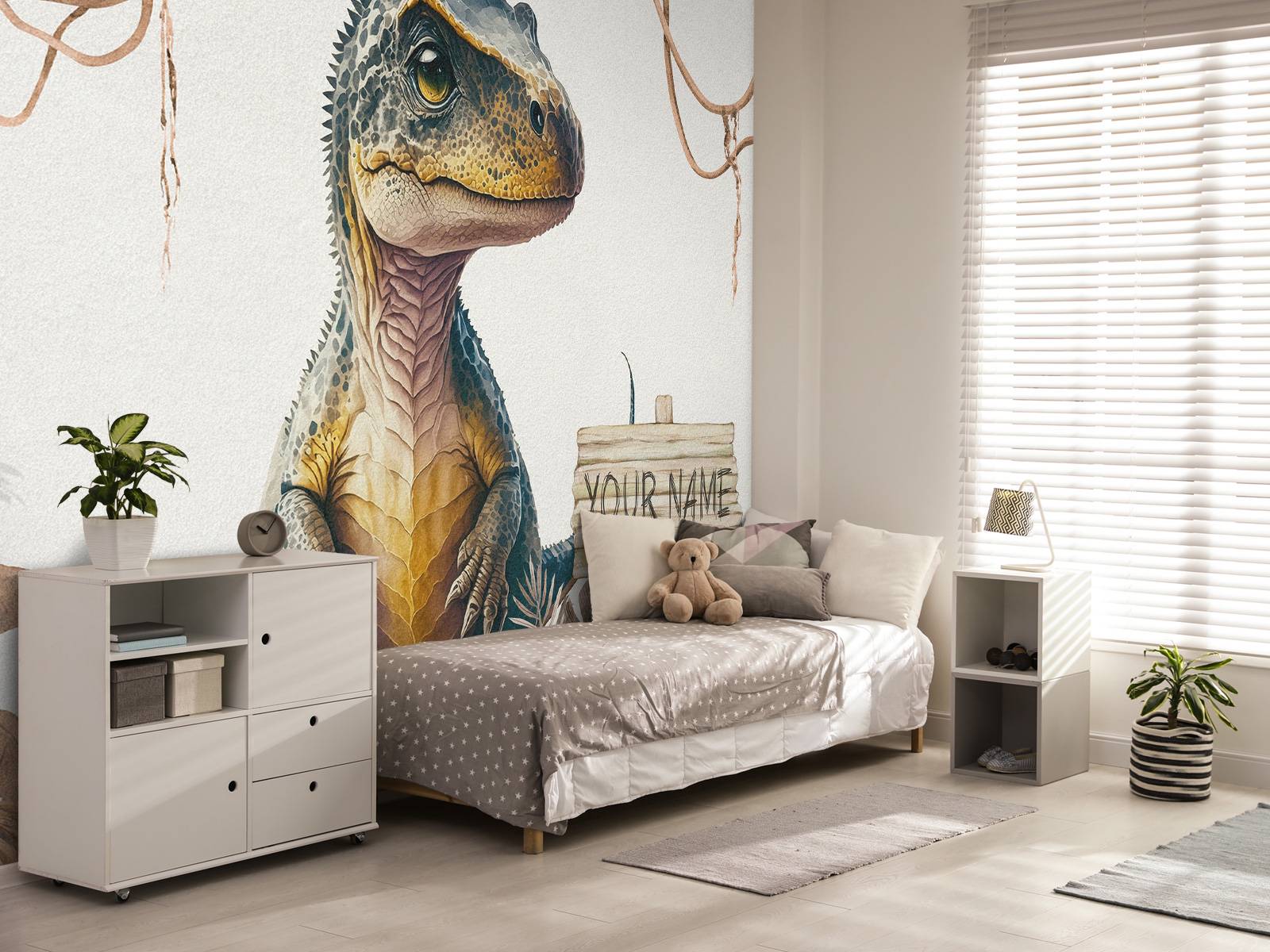 Baby t-rex in the taupe jungle