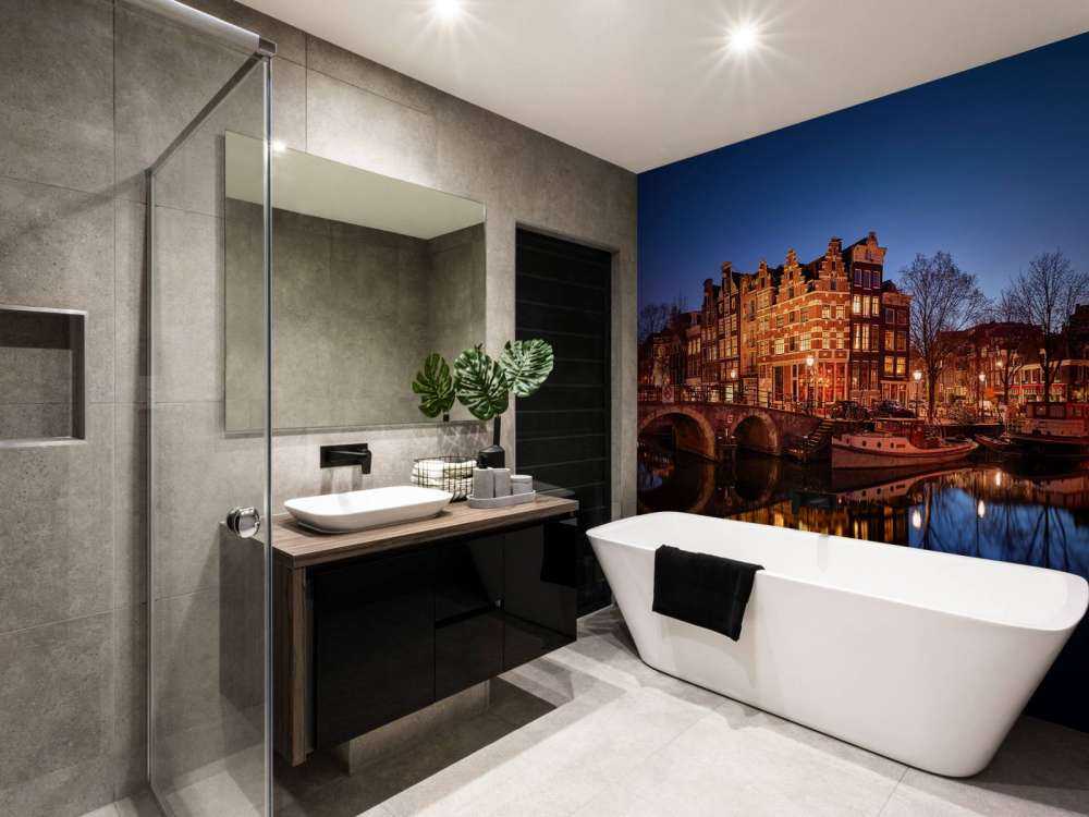 Illuminated houses along the canal