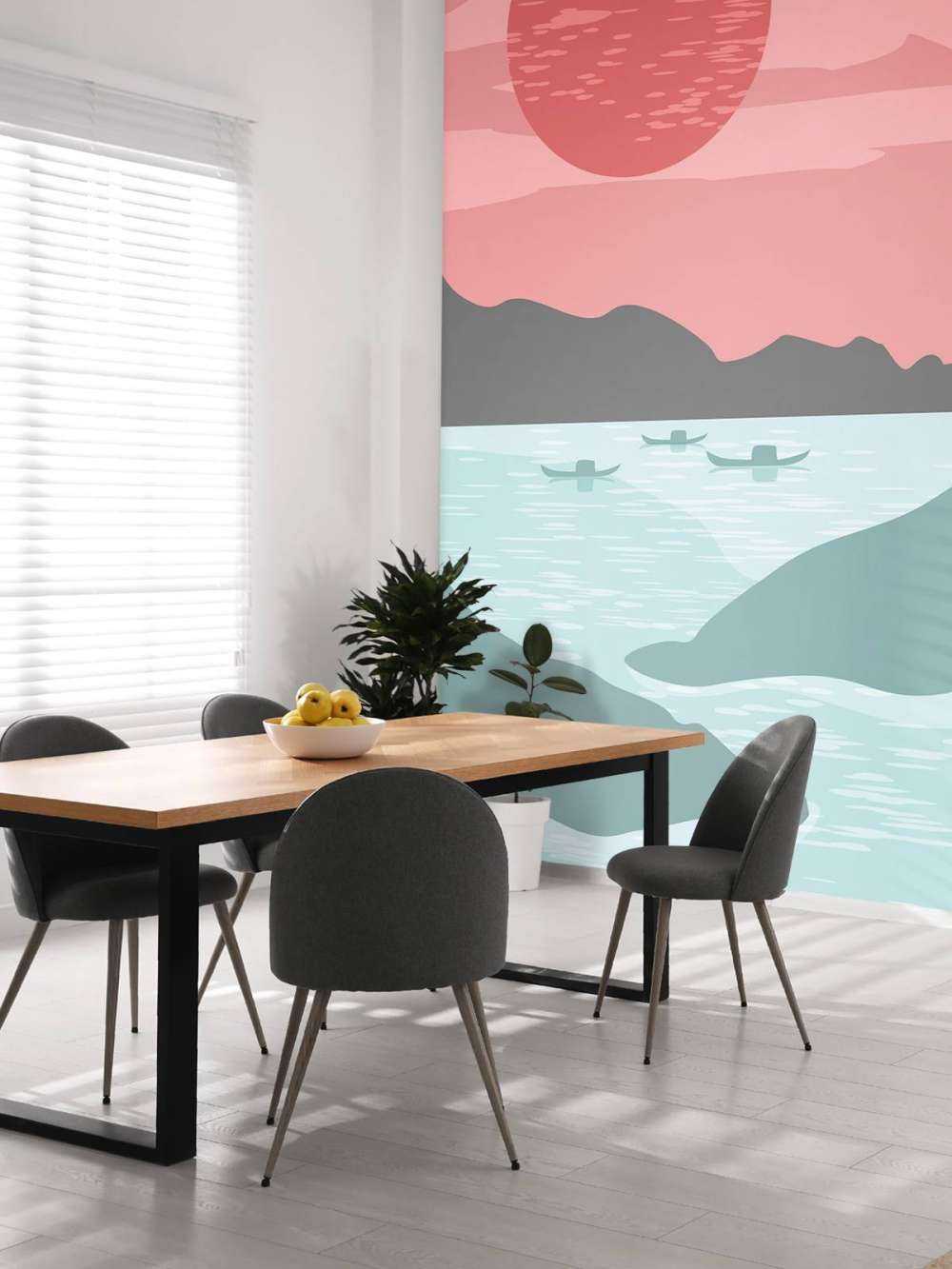 Illustratie van bergen en bootjes