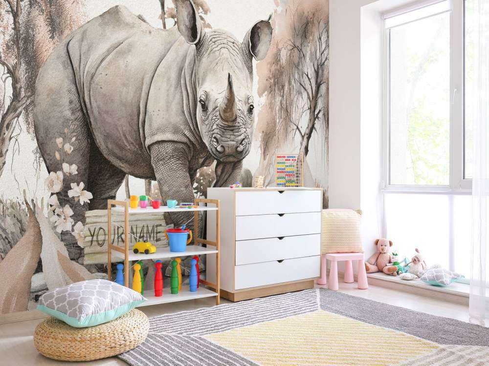 Baby rhino on the savannah taupe