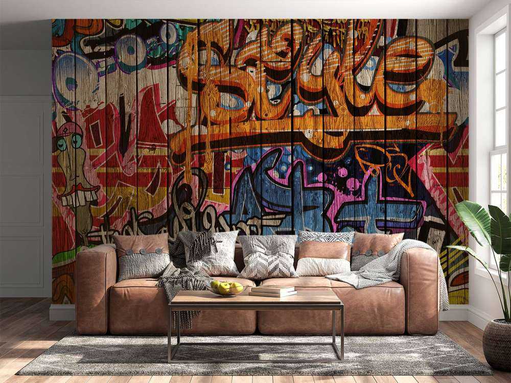 Graffiti with letters on wood
