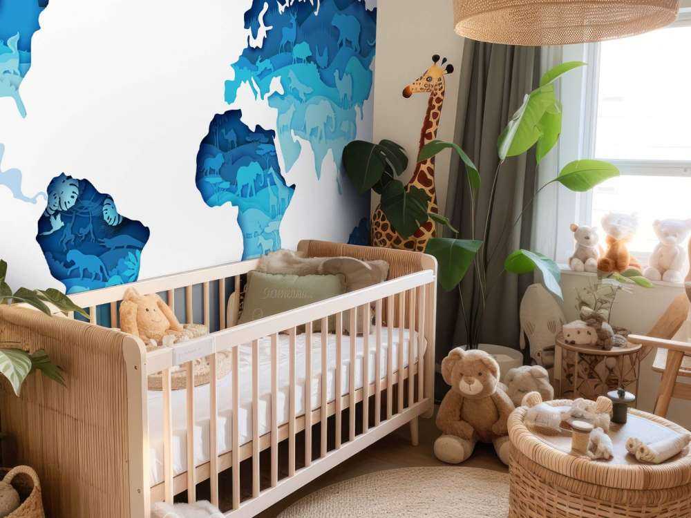 Dieren wereldkaart blauw tinten