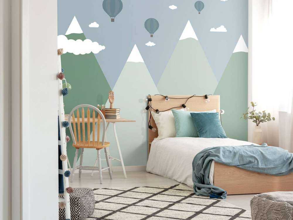 Mountain landscape with hot air balloons