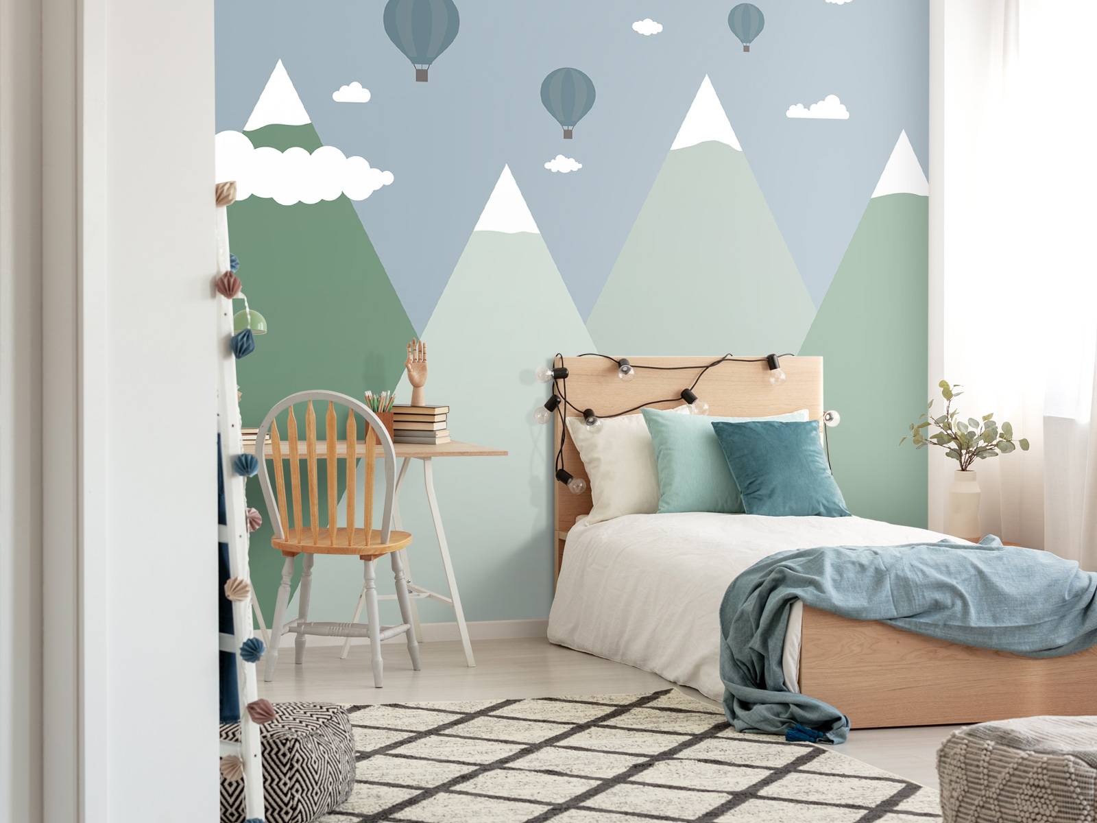 Mountain landscape with hot air balloons
