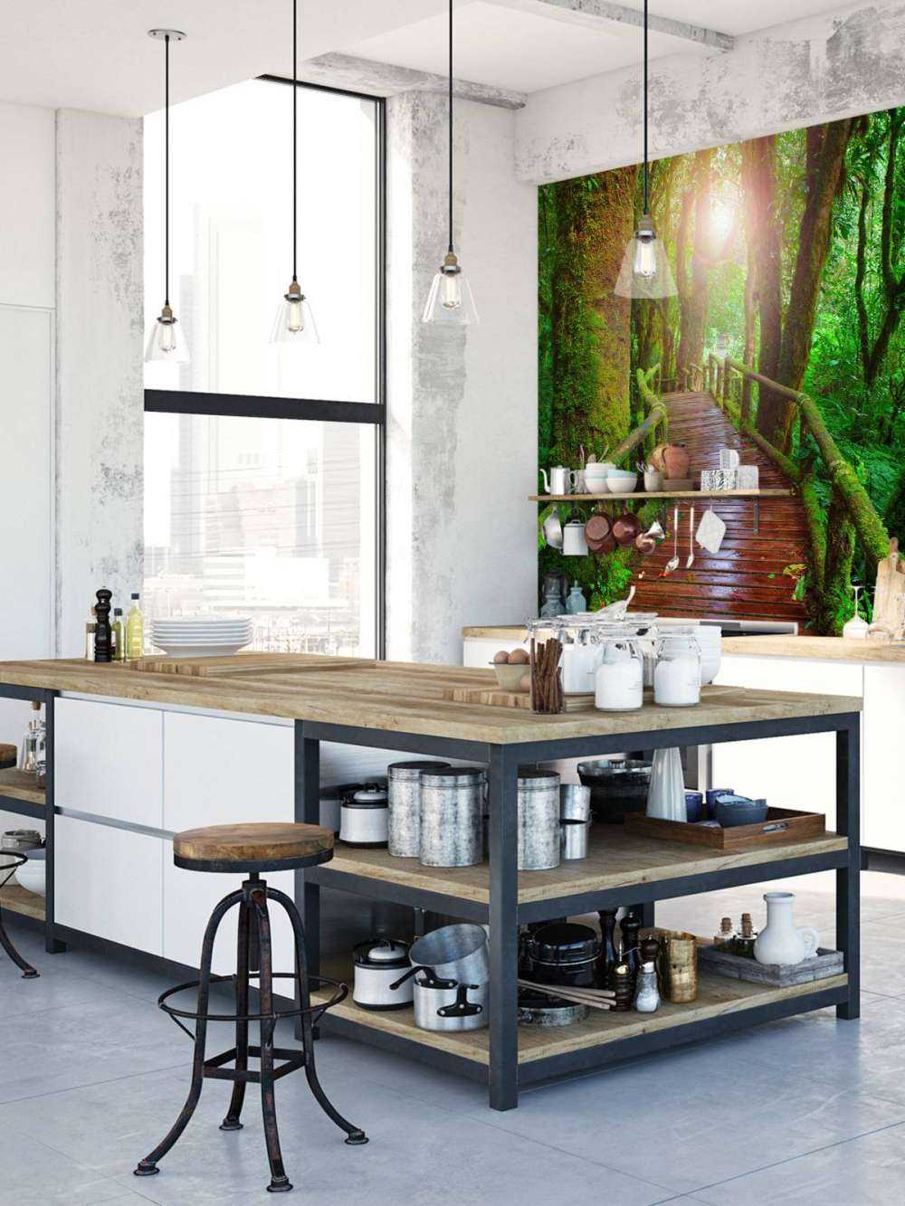 Behang met een houten brug