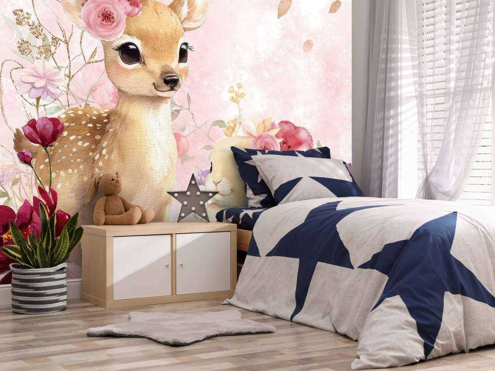 Fawn and rabbit in floral splendor