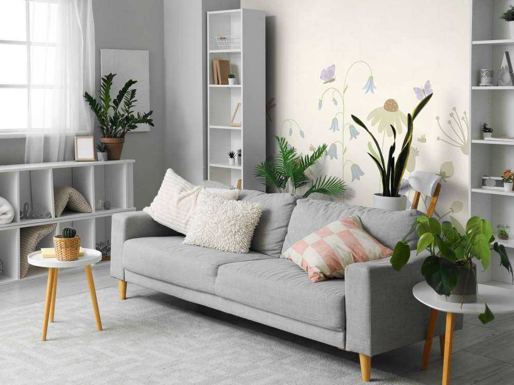 Flower field high with butterflies beige, old pink, green and lilac