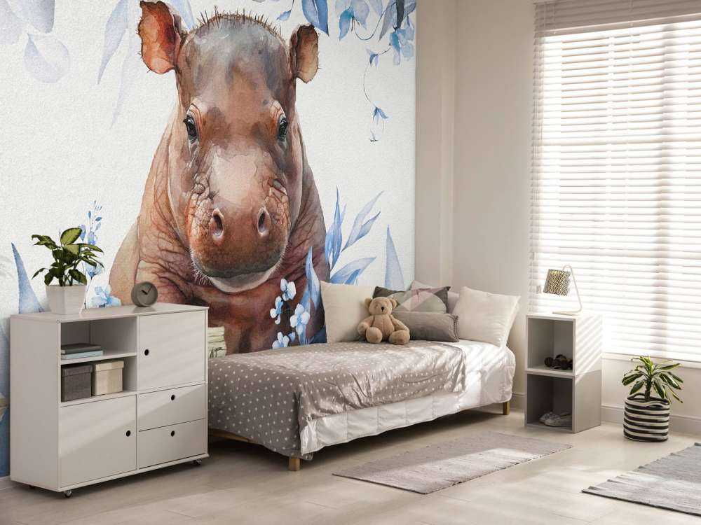 Baby hippo in the leaves blue