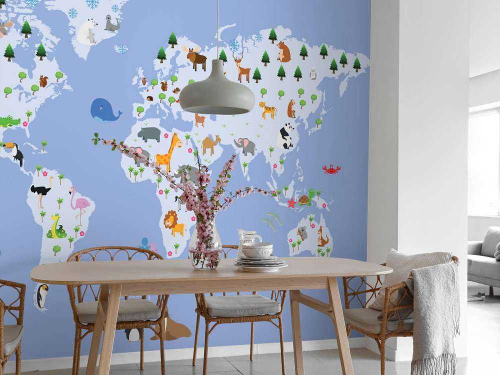 World map for children with blue background