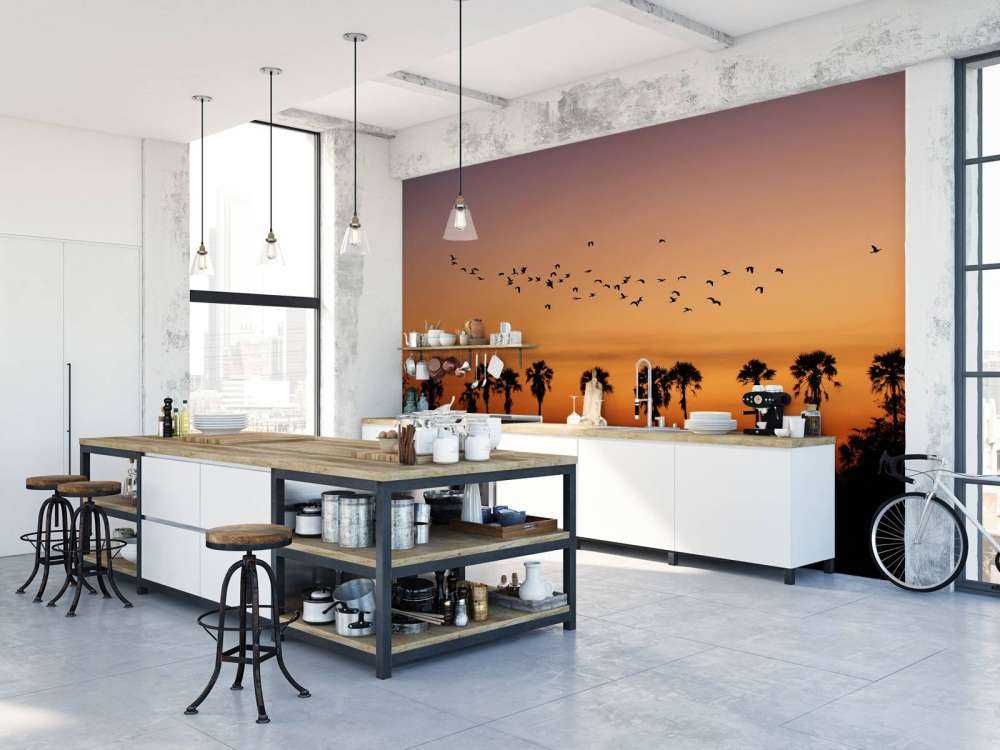 Palm trees with group of birds