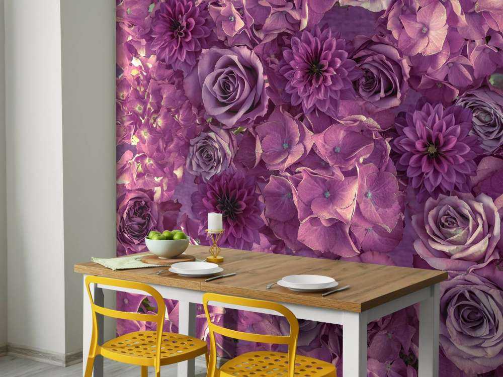 Purple hydrangeas, roses and dahlias