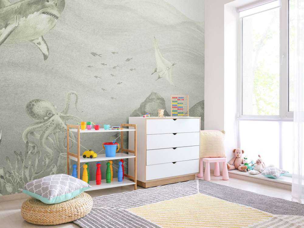 Underwater world with sharks in green