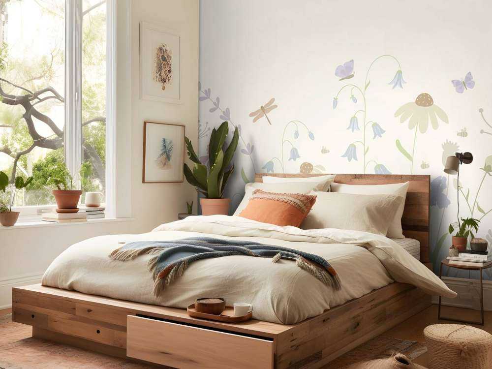 Flower field high with butterflies beige, old pink, green and lilac