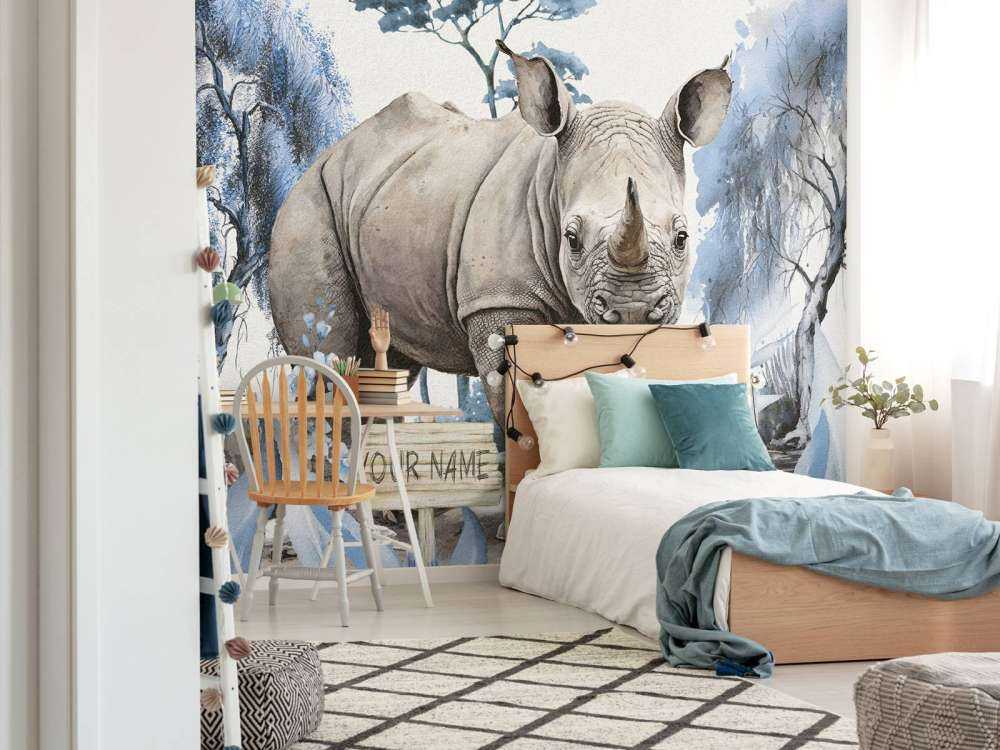 Baby rhino on the savannah blue
