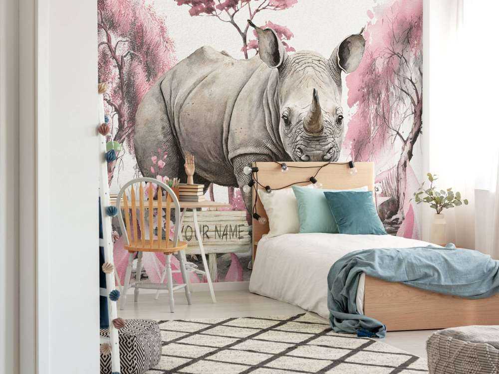 Baby rhino on the savannah pink