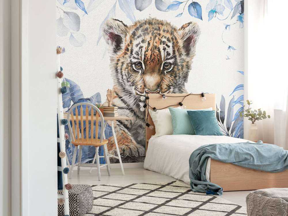 Cute tiger with plants blue