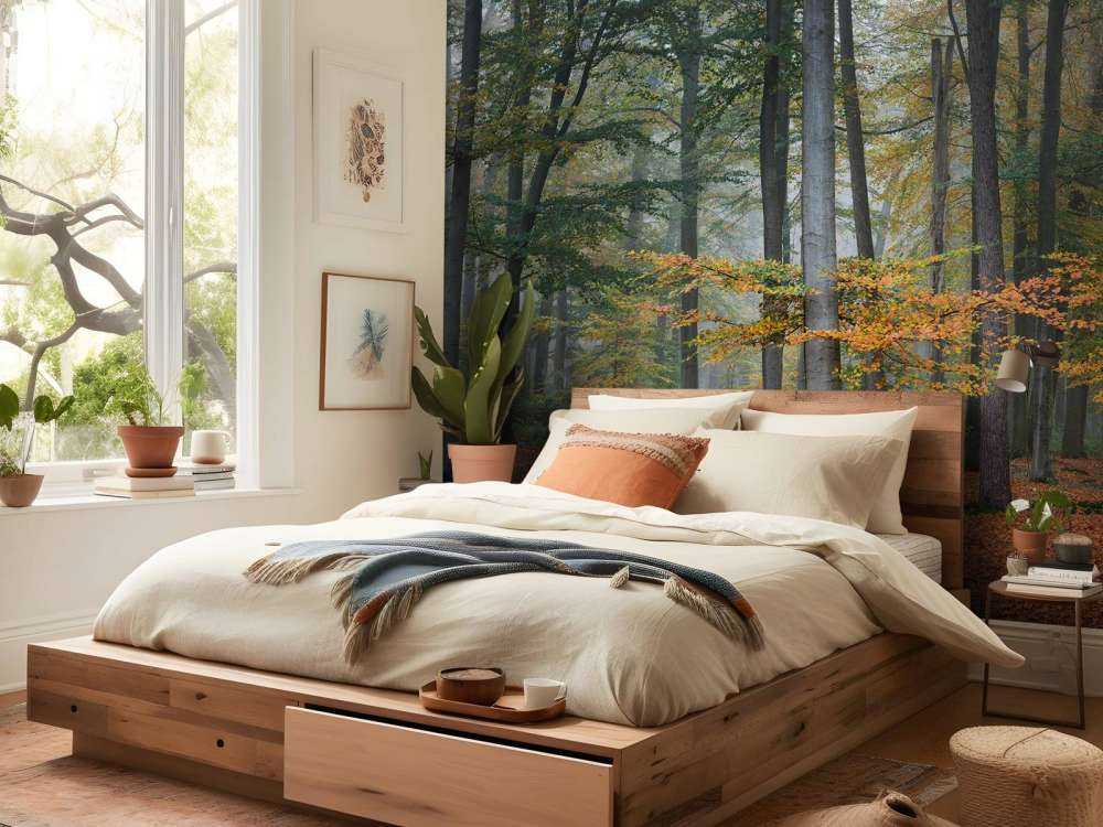 Autumn colours in misty forest