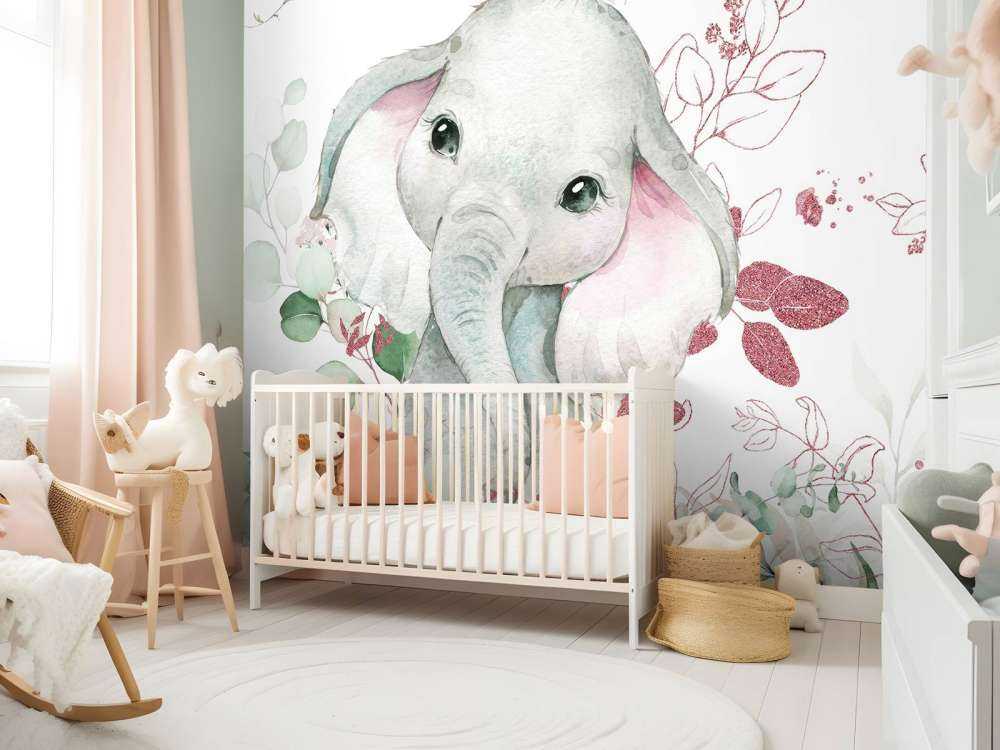 Elephant baby with mint and pink leaves
