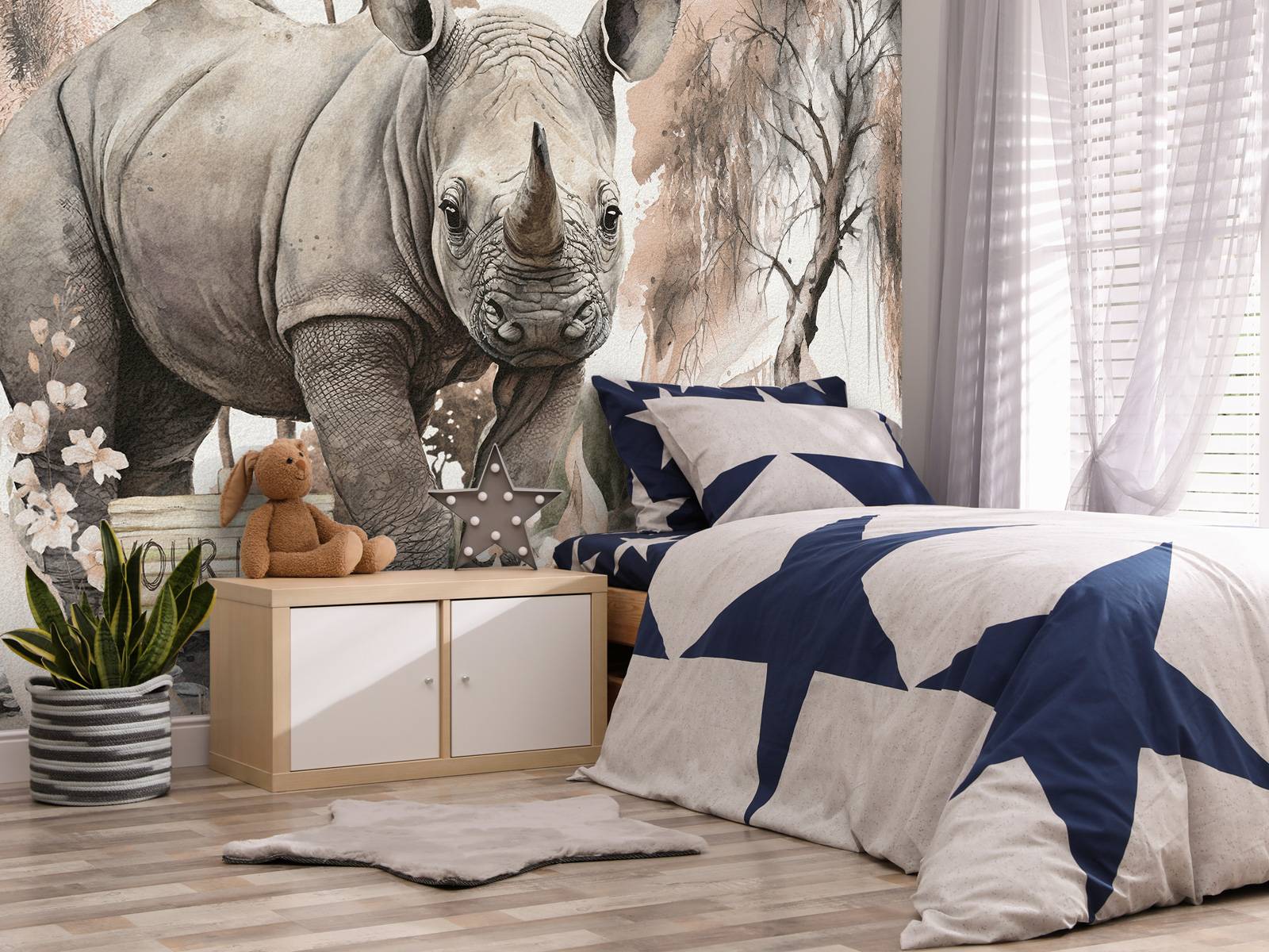 Baby rhino on the savannah taupe