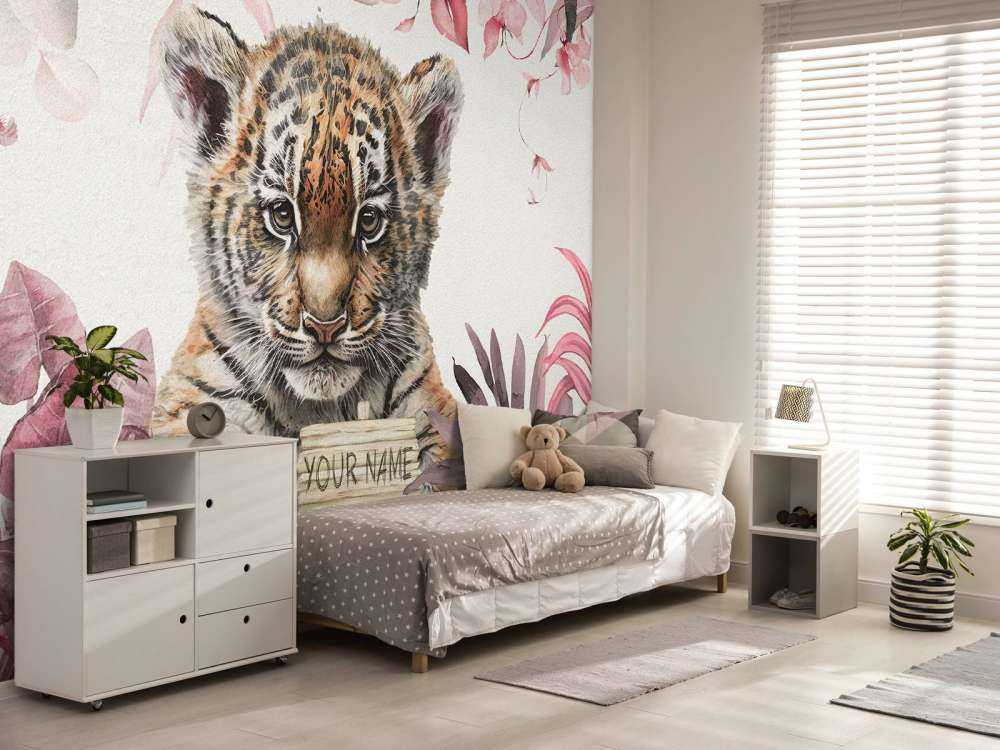 Cute tiger with plants pink