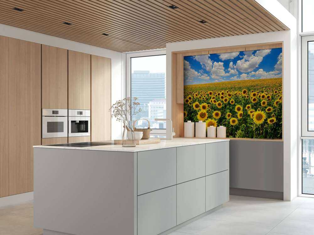 Zonnebloemveld onder een heldere lucht