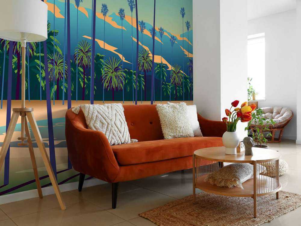 Drawn lake with palm trees