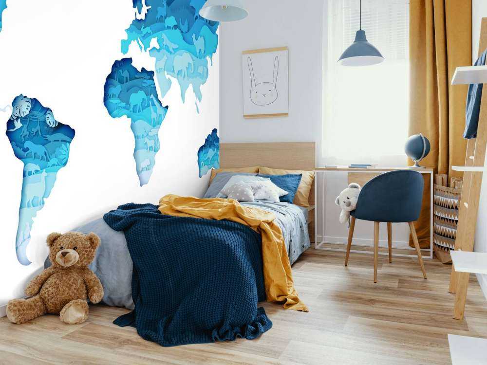 Dieren wereldkaart blauw tinten