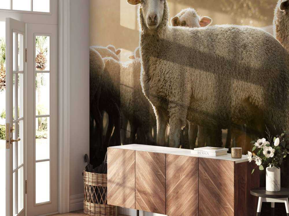 Flock of sheep with golden hour